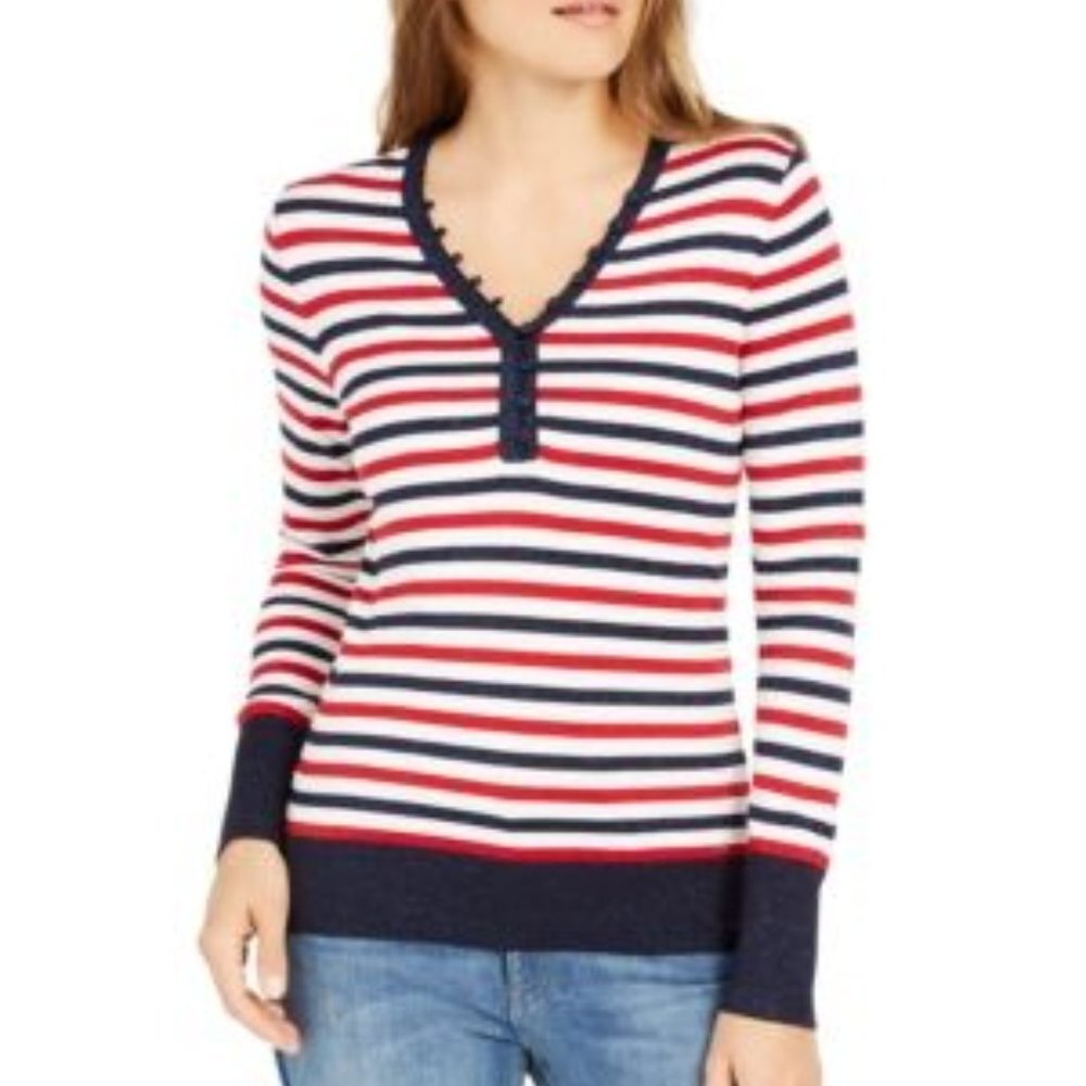 NWT Tommy Hilfiger Metallic-Stripe V-Neck Henley